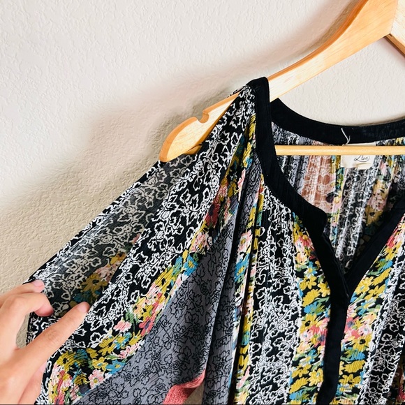 Mixed Media Multicolored Floral Cold Shoulder Cut Out Shoulder Swing Mini Dress - Picture 11 of 12